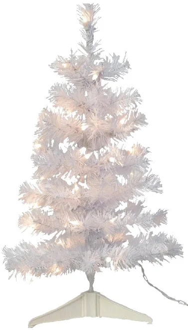 24" White Mini Artificial Foyer Tree with Stand and Pre-Lit with Clear Lights