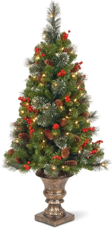 4' Classic Spruce Entrance Tree with Cones, Glitter, Red Berries, Silver Bristle and 100 Clear Lights in Decorative Urn