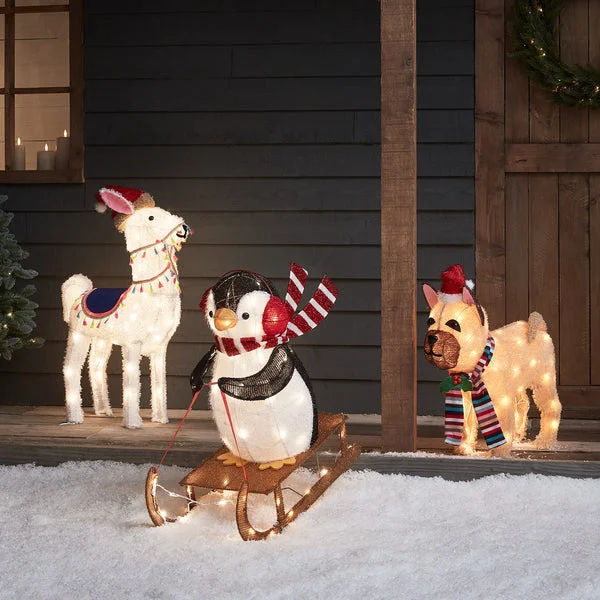 78cm Alpaca, Sledging Penguin & French Bulldog Christmas Figures