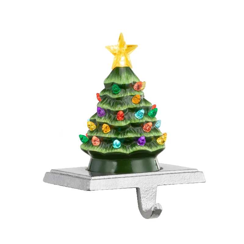 5 in. Lit Ceramic Green Tree Stocking Hanger