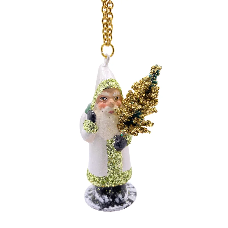 Santa with Tree, Paper Mache Ornament, ivory with light green glitter, by Ino Schaller