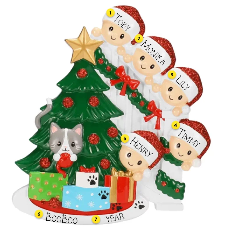 Personalized Cat in Christmas Tree Family of 5 Ornament