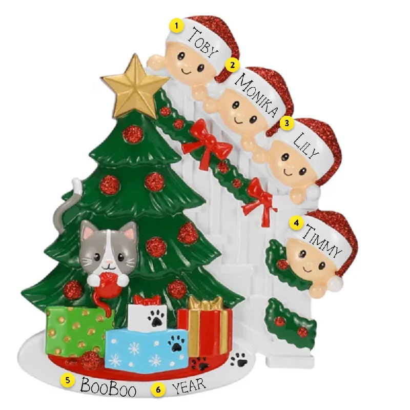 Personalized Cat in Christmas Tree Family of 4 Ornament