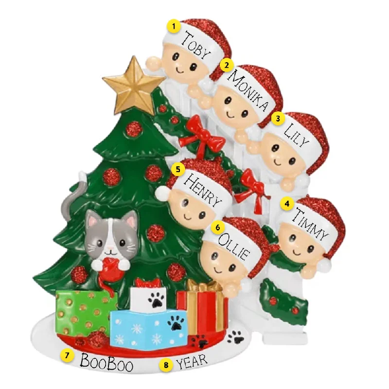 Personalized Cat in Christmas Tree Family of 6 Ornament