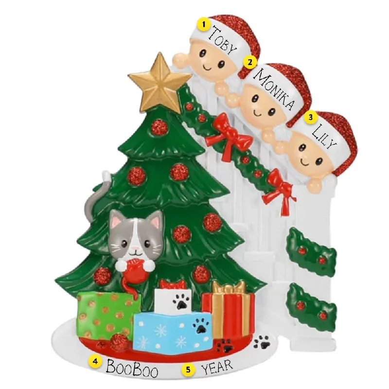 Personalized Cat in Christmas Tree Family of 3 Ornament