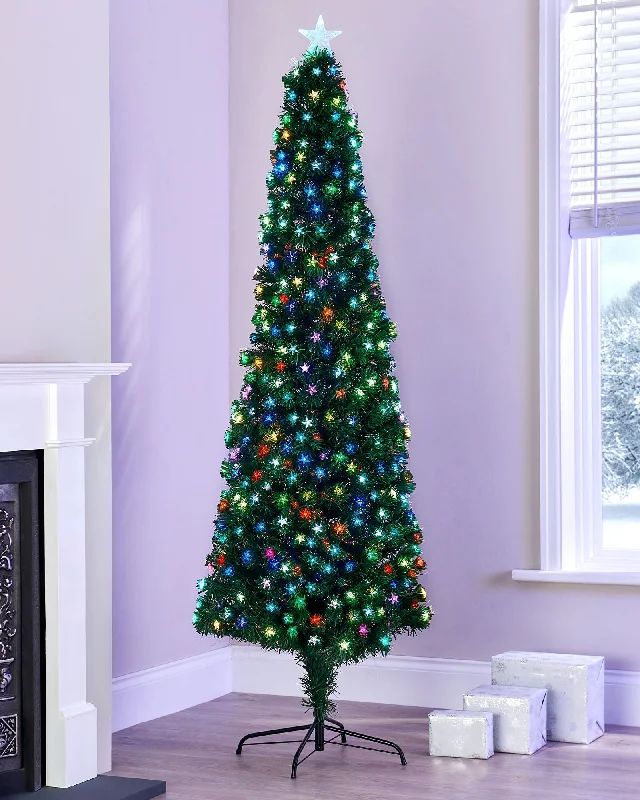 Pre-Lit Fibre Optic Pencil Christmas Tree with Multi-Coloured LED Stars, 7 ft