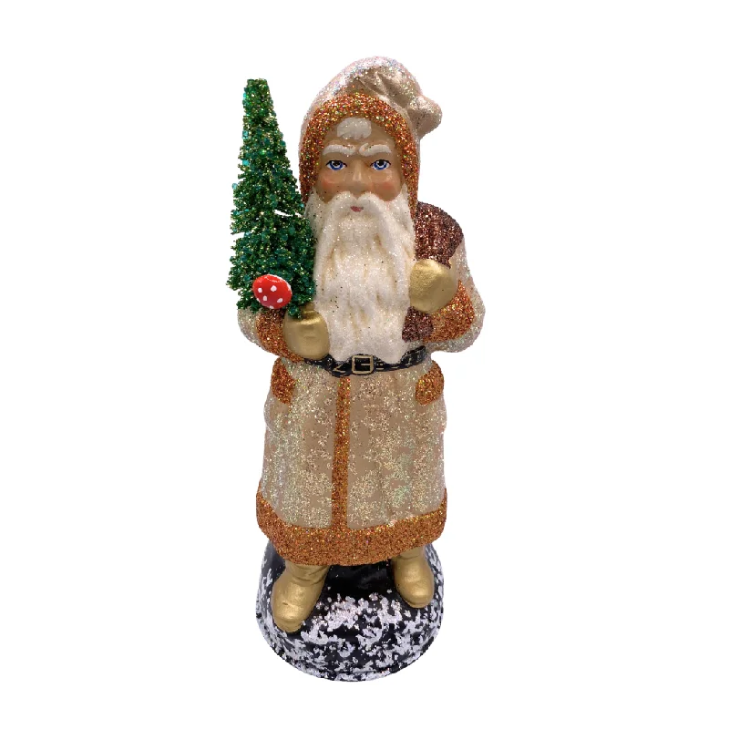 Santa in Belted Coat with Tree, Paper Mache Candy Container, mocha with copper trim and mushroom, by Ino Schaller