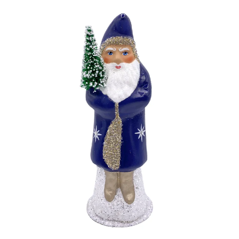 Santa with Bottle Brush Tree, Paper Mache Candy Container, cobalt with star and gem decor, by Ino Schaller