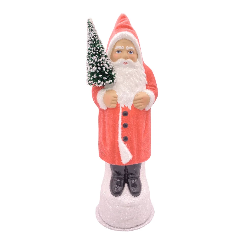 Santa with Bottle Brush Tree, Paper Mache Candy Container, vermillion red frosted, by Ino Schaller