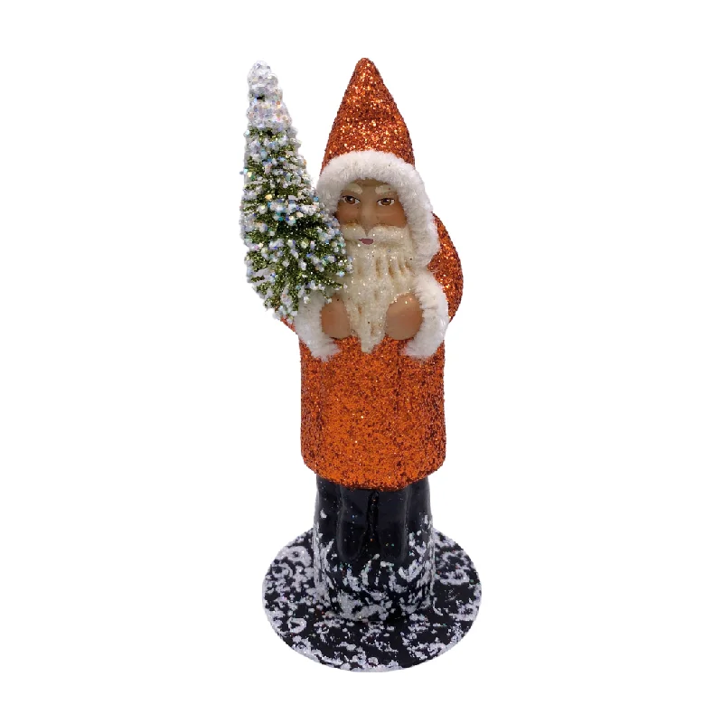 Santa with Bottle Brush Tree, Paper Mache Figure, copper glitter with white chenille trim, by Ino Schaller