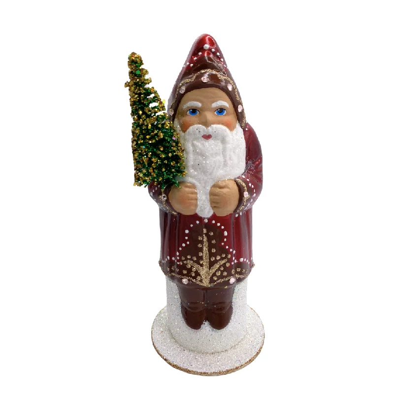 Santa with Bottle Brush Tree, Paper Mache Figure, oxblood with dot and gem decor, by Ino Schaller