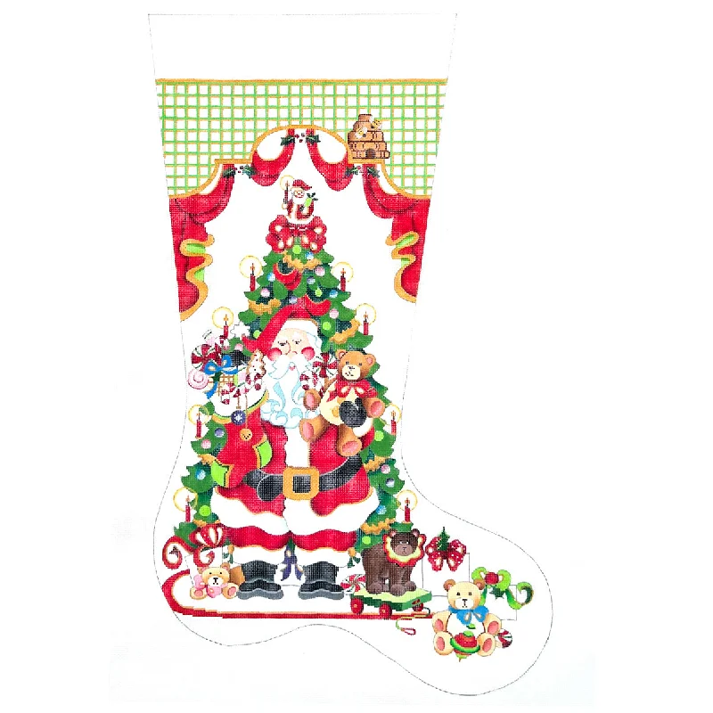 Santa in Front of Tree Holding Bear and Candles Full Size Stocking (18 mesh)