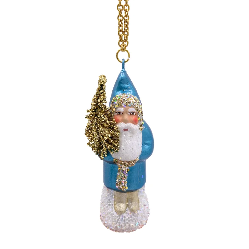 Santa with Tree, Paper Mache Ornament, ocean pearl with gold glitter, by Ino Schaller