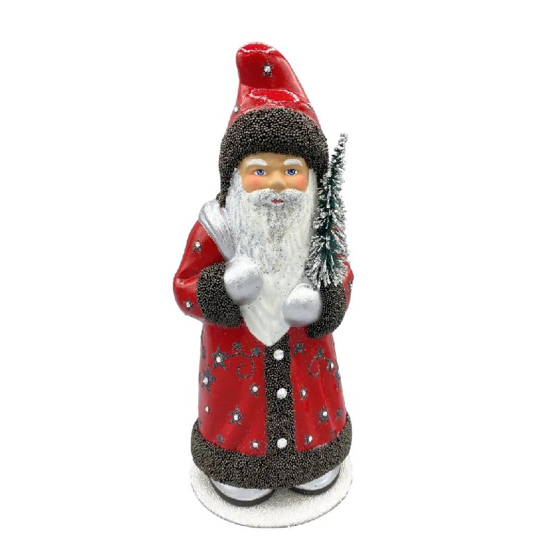 Santa with Tree and Sack, Paper Mache Candy Container, scarlet with black beaded trim, by Ino Schaller