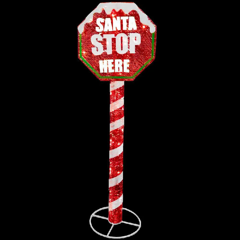 60" Red Sisal LED Lighted Santa Stop Here Sign