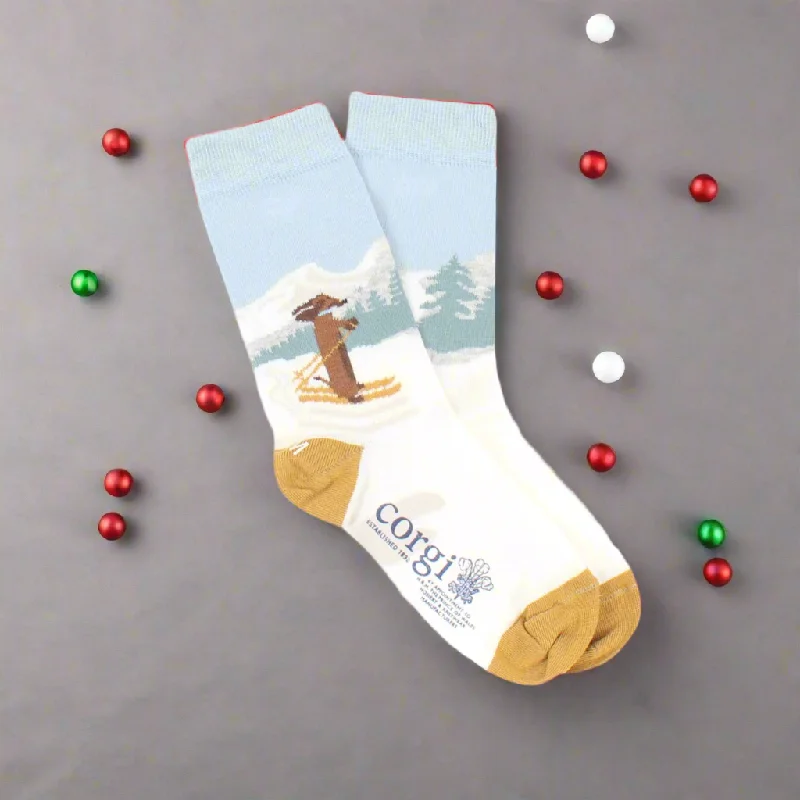 Kids Skiing Dachshund Scene Cotton Socks