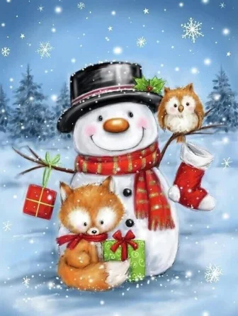 Paint by Number Christmas Snowman, Fox and Owl