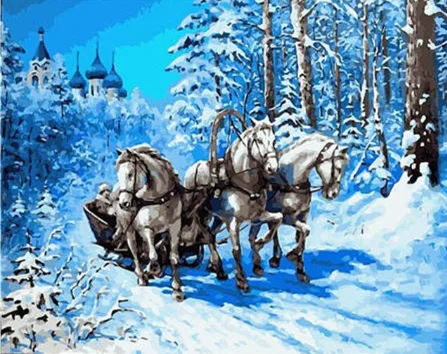 Paint by Number Snowy Road with Horses