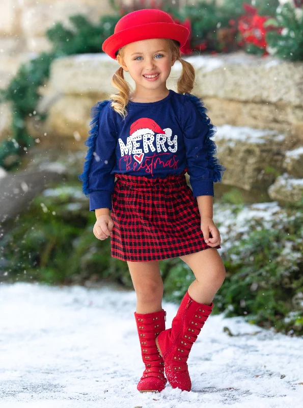 Magical Time Merry Christmas Top and Checkered Skirt Set