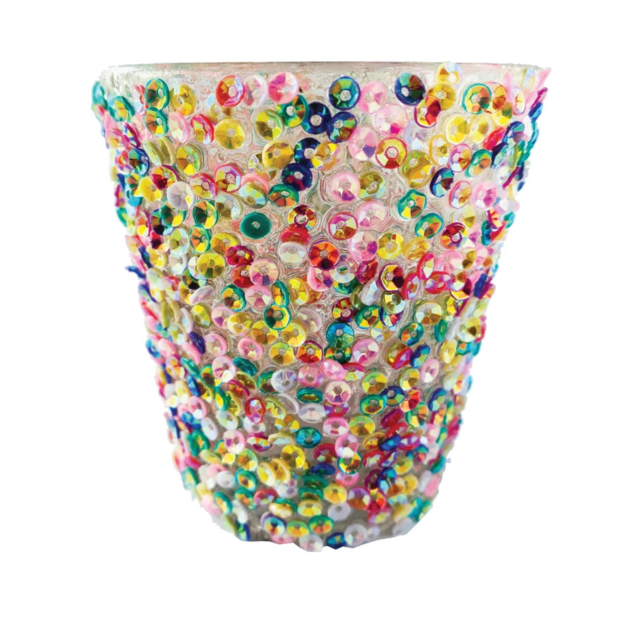 Multi-Colored Recycled Glass Votive Holder w/ Sequins