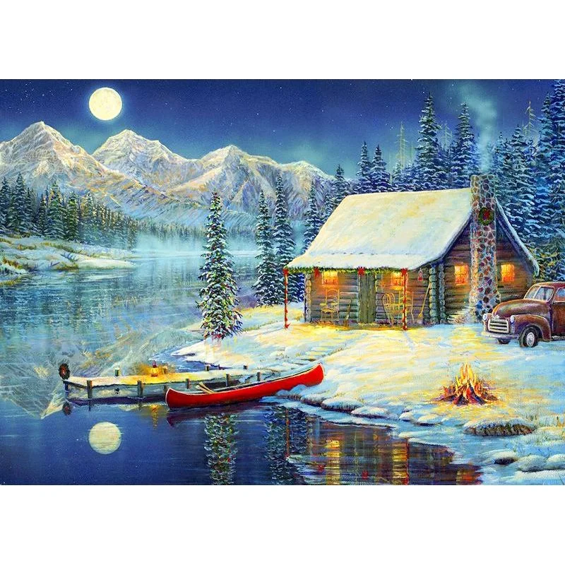 Paint By Number Winter Cabin by Moonlight