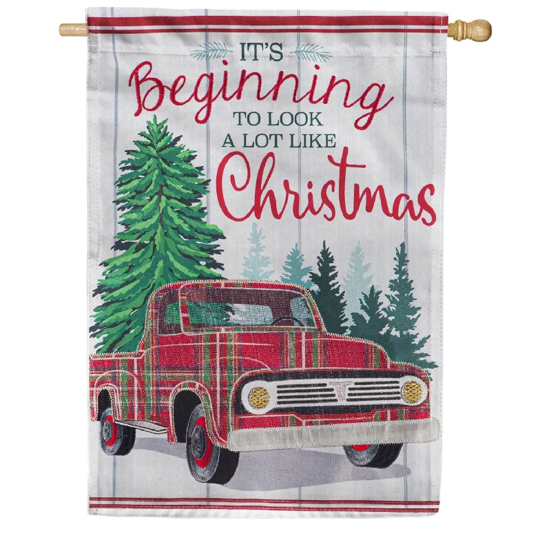 Plaid Christmas Truck Double Sided House Flag