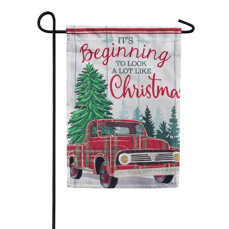 Plaid Christmas Truck Linen Double Sided Garden Flag