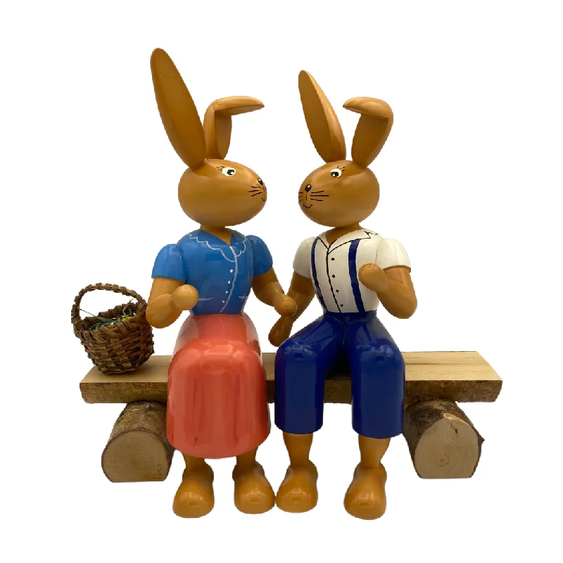 Rabbits on Bench Figurine by Erzgebirgische Holzkunst Gahlenz GmbH