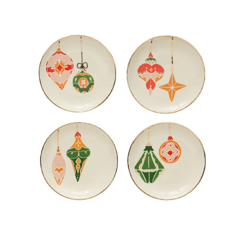 Round Stoneware Plates w/ Ornaments & Gold