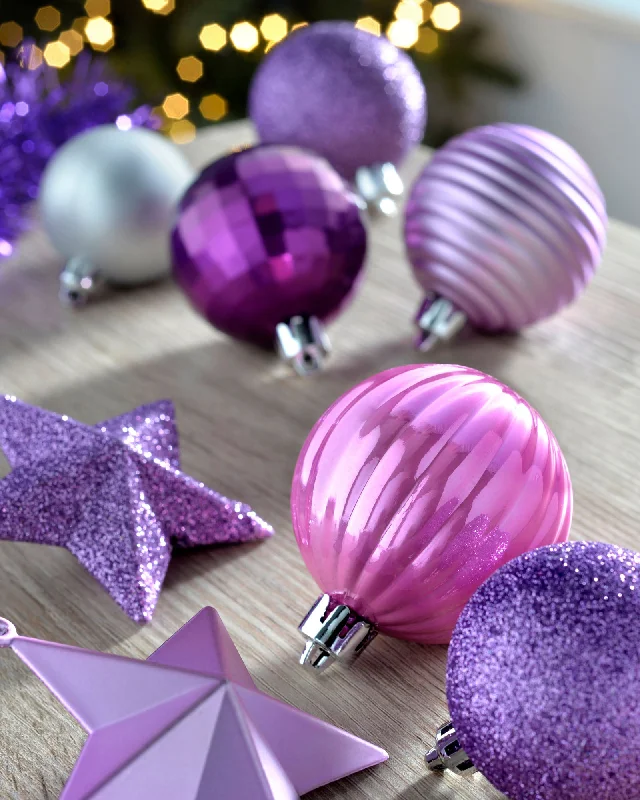 Lilac Shatterproof Baubles Set, 42 Pack