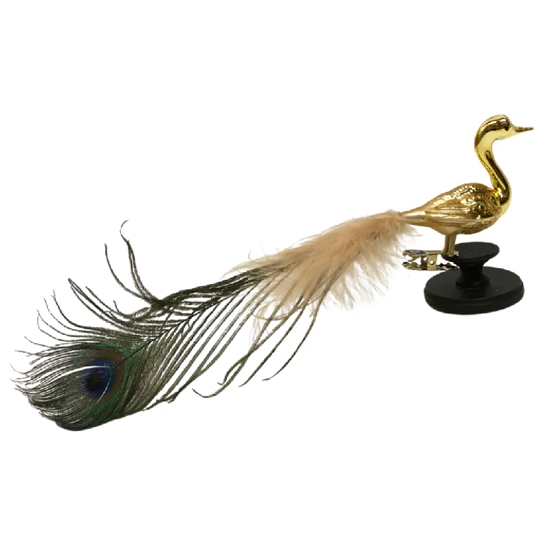 Peacock with real feather, shiny gold by Glas Bartholmes